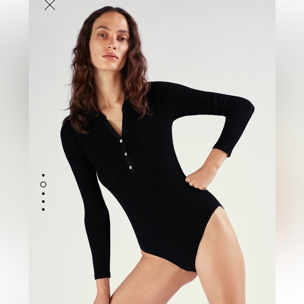 ZARA RIBBED POLO BODYSUIT BLACK CHIC LONG SLEEVE NEW Large